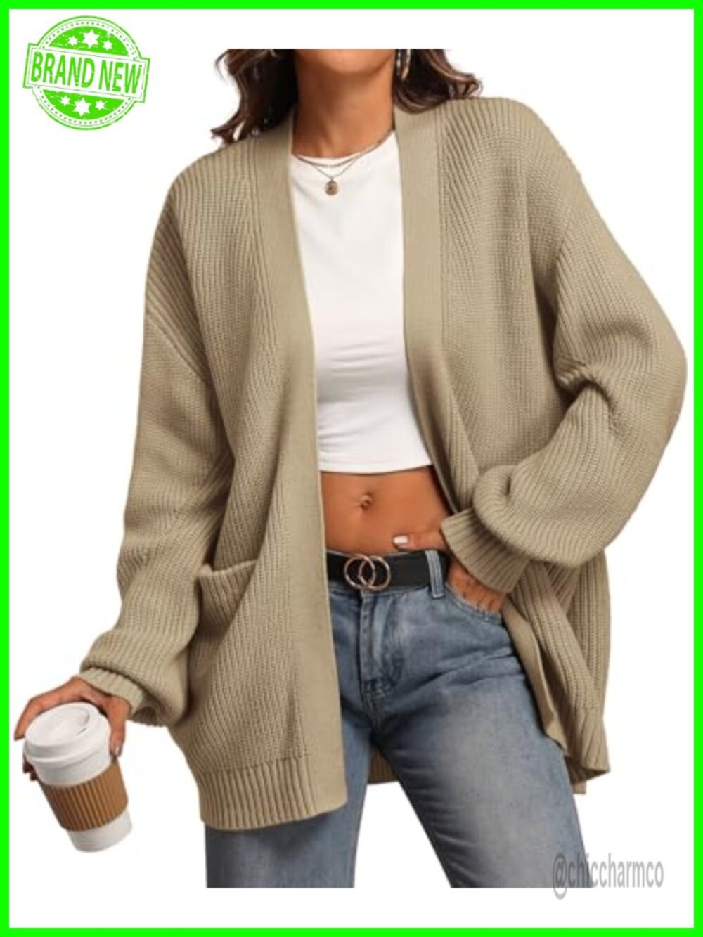 Oversized Chunky Knit Open Front Cardigan Sweater with Pockets